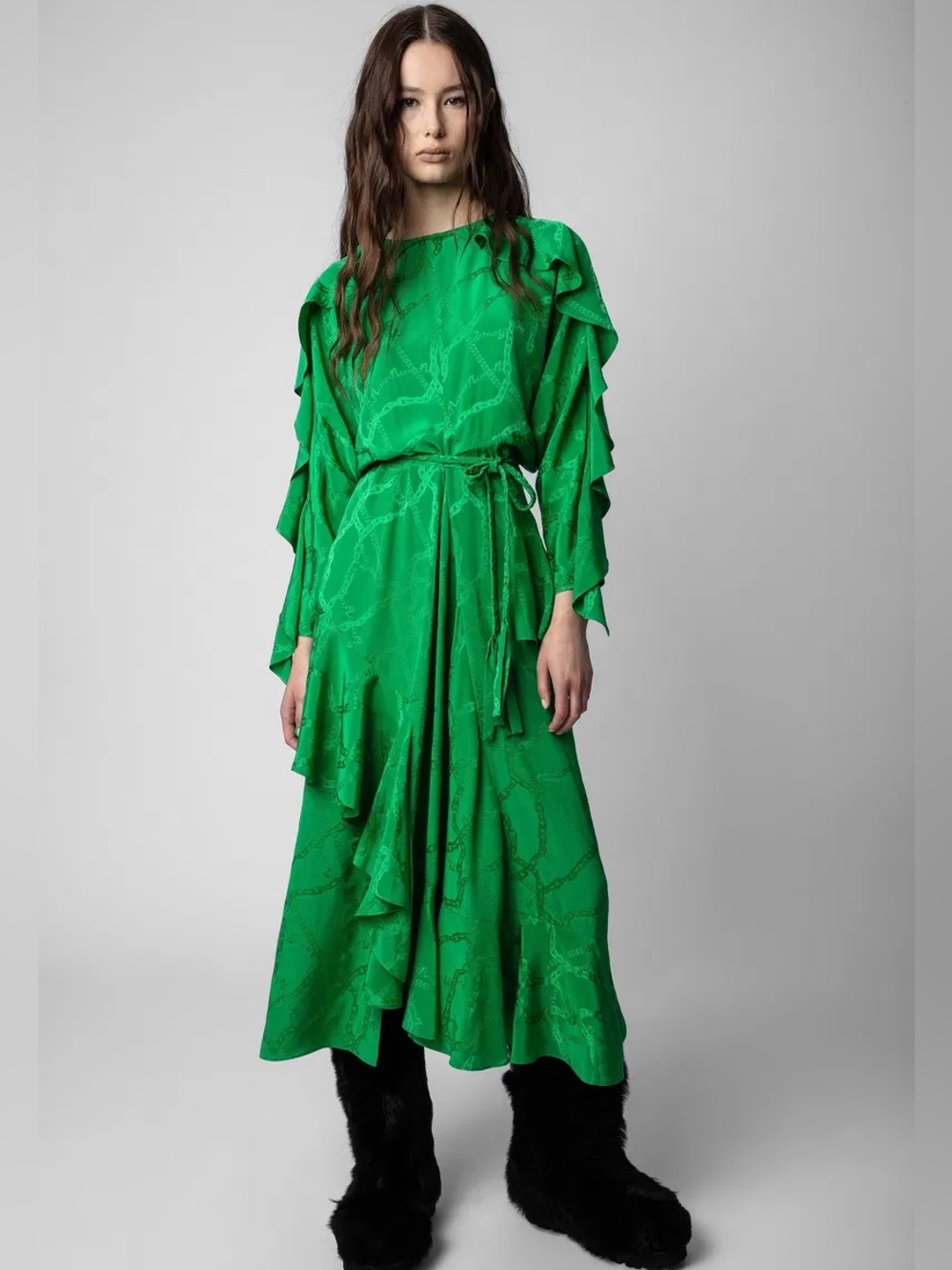 Zadig & Voltaire Ritana Jac Chaines 100% SILK Green Ruffle Maxi Dress NWT $1198 - Picture 6 of 10